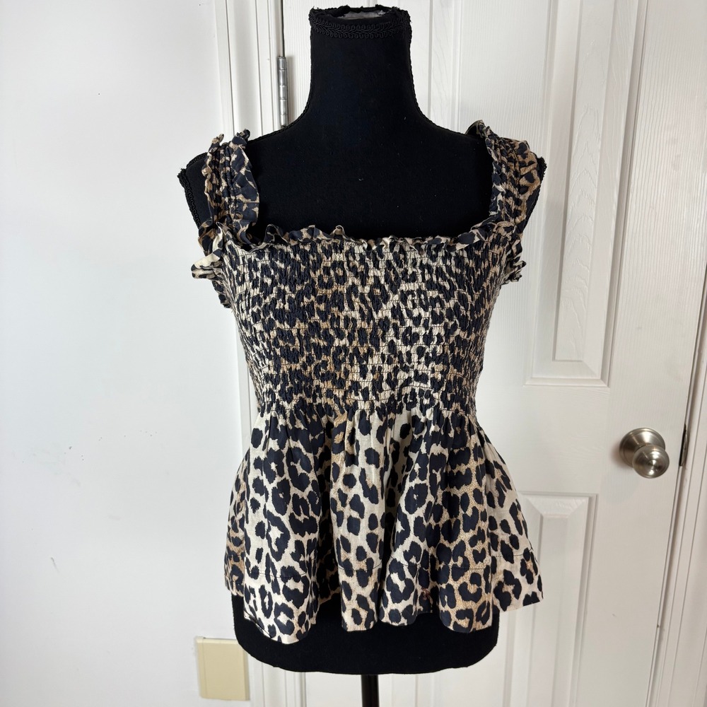 GANNI Leopard Print Smocked Peplum Top Cotton Silk Blend Size 44 / Lg Tan Black